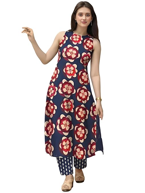 Pinkmint Women’s Pure Cambric Cotton Kurta Set | Sleeveless Printed Kurta with Pant | Summer Wear Co-Ord Set | Plus Casual